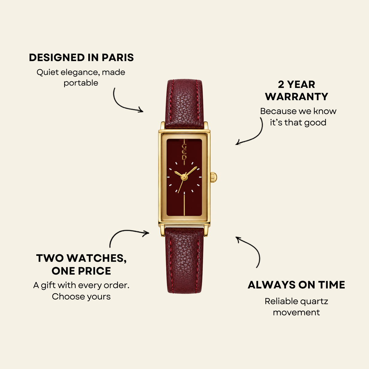 Montaigne Watch Burgundy, women's watch in Burgundy by Aurielle Milano, image 7